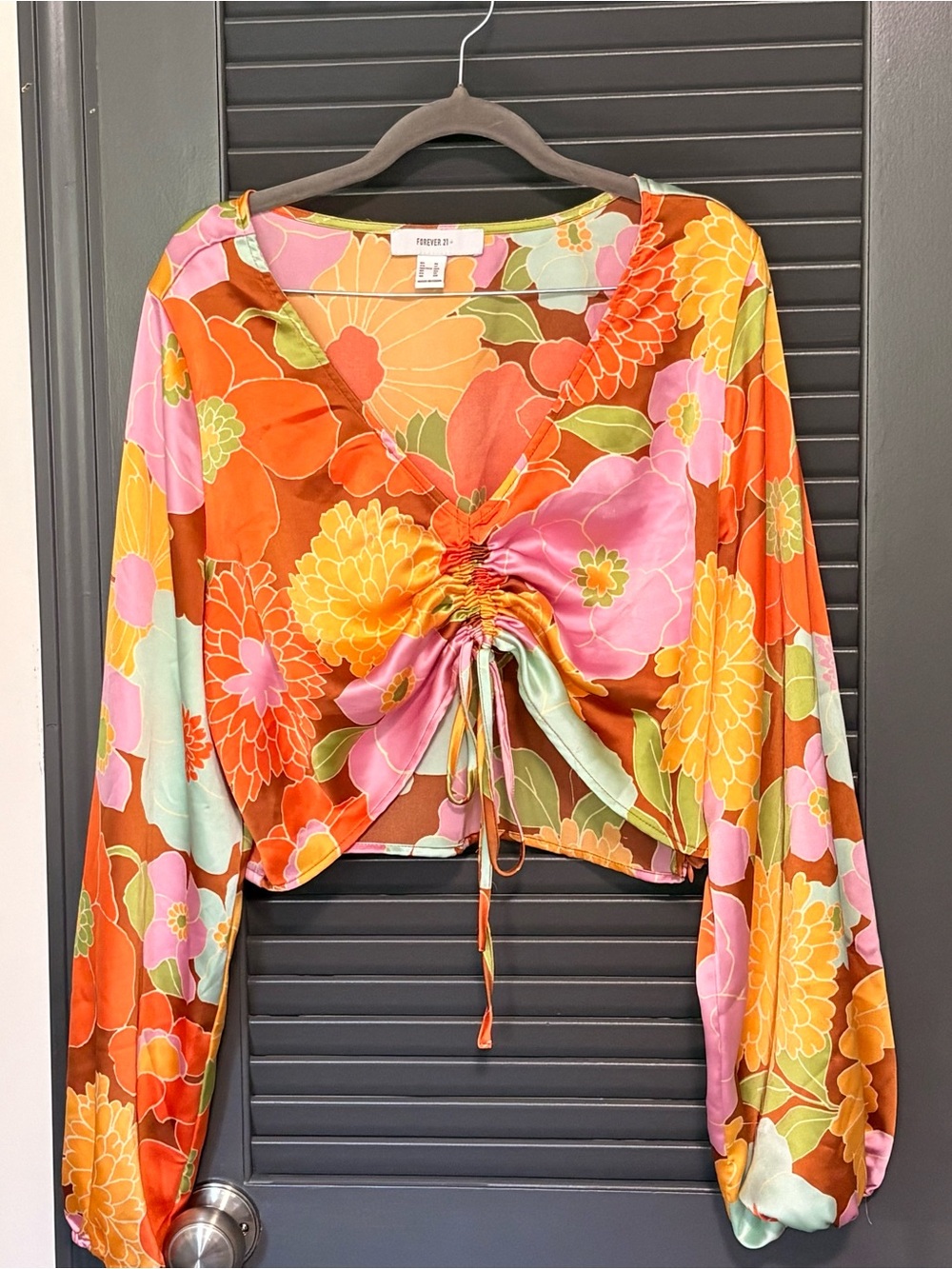 Forever 21 Floral Ruched Long Sleeve Crop Top - Orange, Pink & Yellow